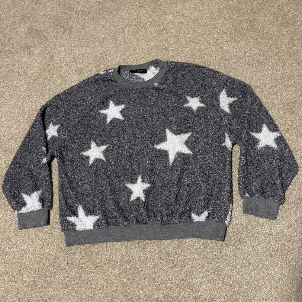 Knapp Studio Womens Fuzzy Tight Knit Sweater Crew Neck Gray w White Stars, Sz L